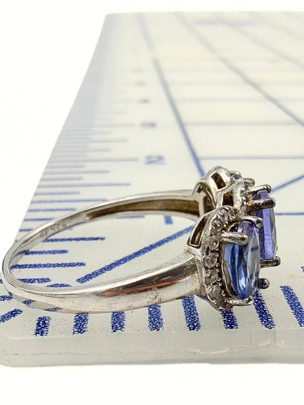 Classic Marked SD Three Stone Halo Amethyst Sterling Silver CZ Trilogy Ring Sz11